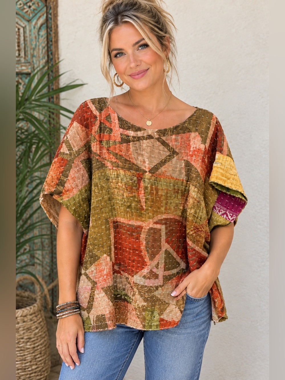Upcycled Kantha Handcrafted Boho Patchwork Tunic Top in Earth Tones